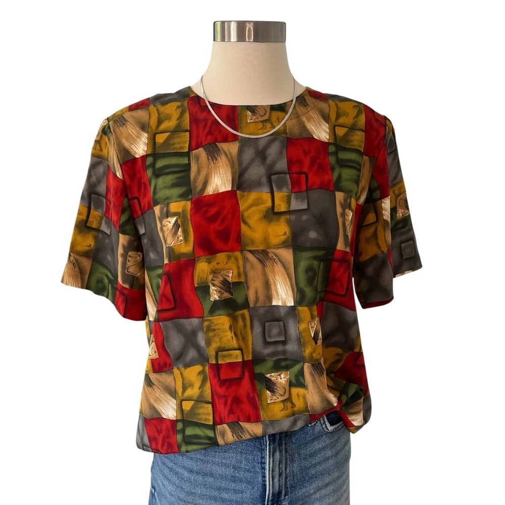 Vintage block print short sleeve blouse keyhole back multicolor abstract M